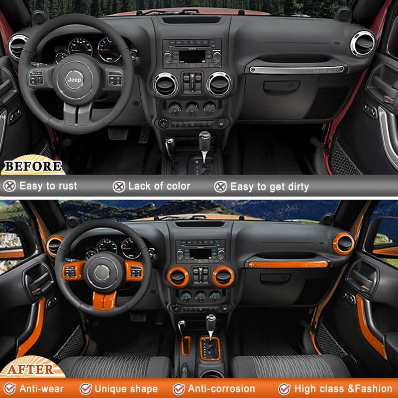 Opall 18PCS Full Set Interior Decoration Trim Kit Steering Wheel& Center Console Air Outlet Trim, Door Handle Cover Inner for Jeep Wrangler JK JKU 2011-2018 2 Door &4 Door (Orange) - Image 2